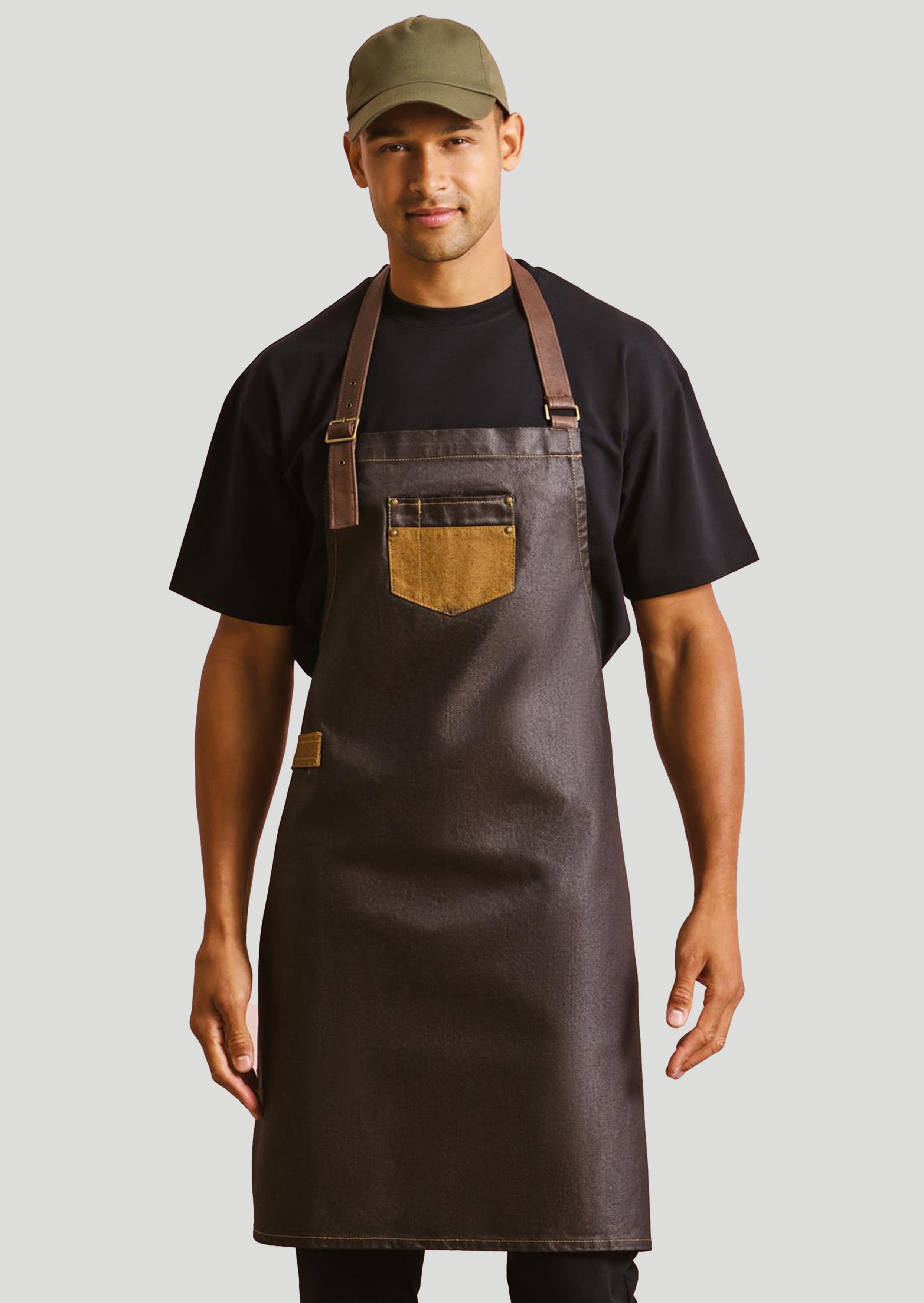 Division Waxed Look Denim Bib Apron with Faux leather